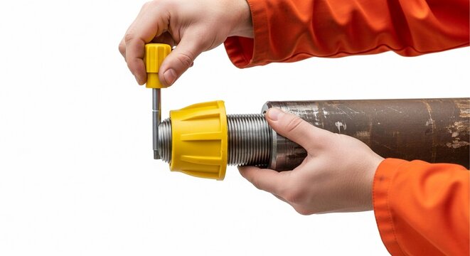 Close-up of worker's hands using a yellow tool to cap a threaded drill pipe section