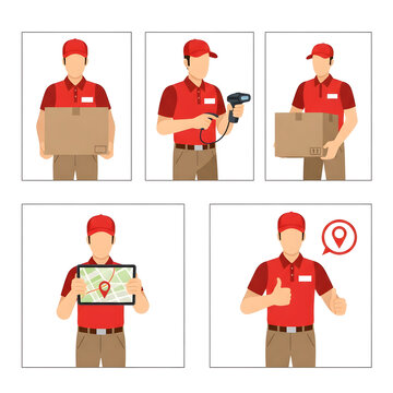Collection of five vector illustrations featuring a delivery man in a red uniform handling parcels, using a barcode scanner, checking a map on a tablet, and giving a thumbs-up gesture