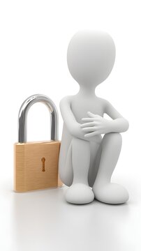 Minimalist 3D stick figure sitting beside a padlock, symbolizing cybersecurity, privacy, data protection, digital trust, and secure access.