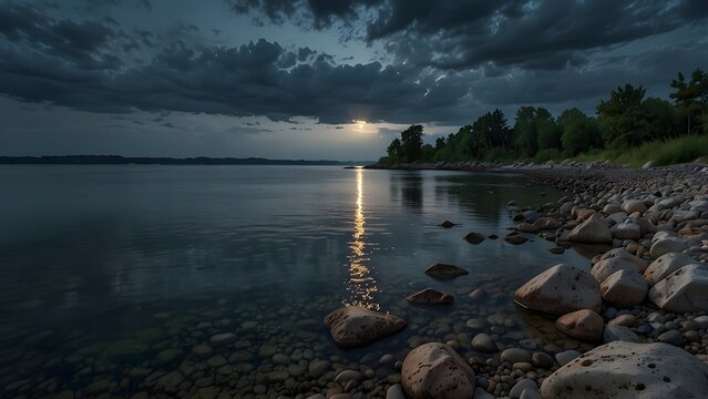 Moonlight reflecting on a calm river at night with rocky shoreline and dramatic clouds