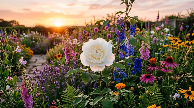 White rose blooming vibrantly in a wildflower meadow at sunset.