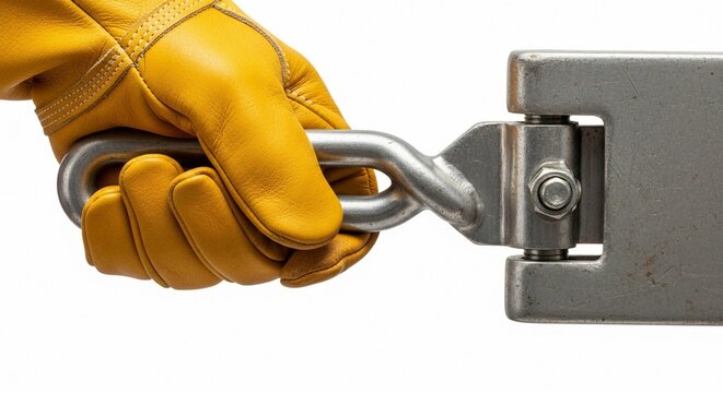 Hand in yellow safety glove connecting a metal shackle to a steel mechanism with twist lock engagement.