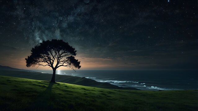 Lone tree on a grassy hill under a starry night sky overlooking the dark ocean coast