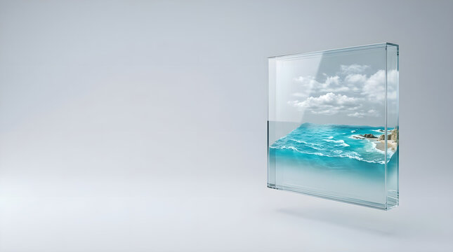 Miniature tropical island inside a glass block isolated on a clean white background