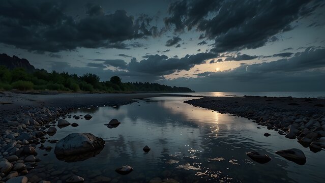 Quiet river flowing into the sea at sunset with dramatic clouds and rocky shoreline.