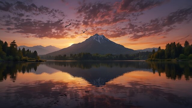 Majestic mountain peak reflecting in a calm river during a vibrant purple orange sunset
