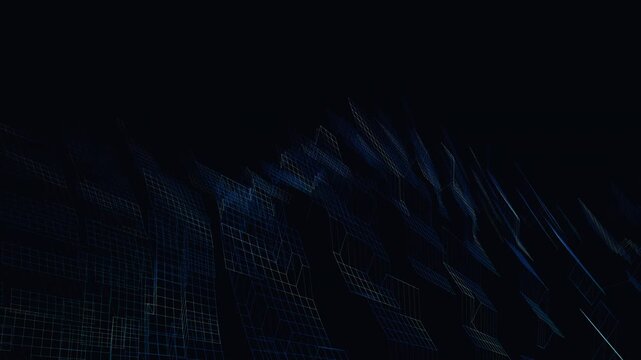 Abstract quantum network of glowing data points and connected lines evolving into stratified computational structures in a seamless looping technology background
