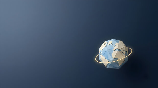 Origami paper planet earth floating in space with a glowing ring on dark blue background