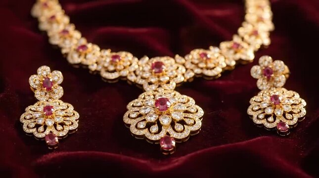 Gold necklace and earring set with red gemstones