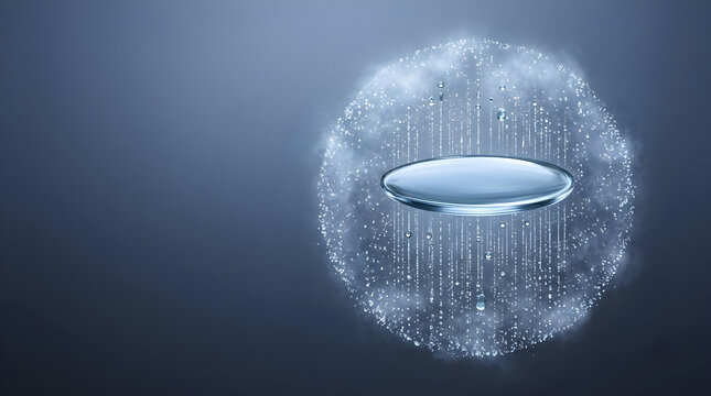 Abstract sphere of glowing particles and floating liquid droplets in dark space background