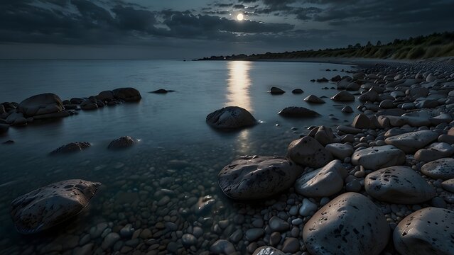 Full moon reflecting on a calm rocky ocean coastline at night