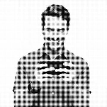 Man with pixelated face and glasses looking forward illustration