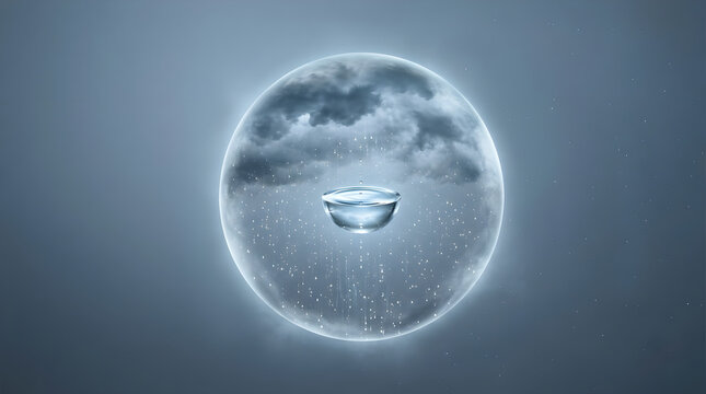 Rainstorm inside a floating glass sphere in empty space, surreal weather concept art.
