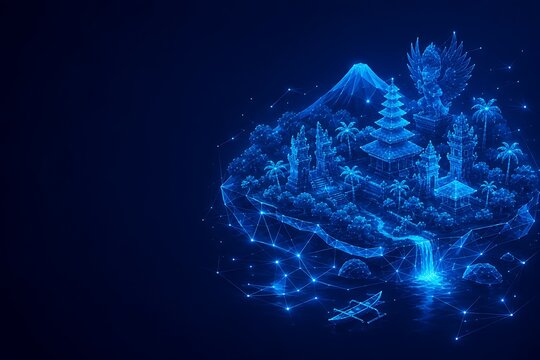Futuristic blue glowing landscape with mountain pagoda forest and waterfall in digital constellation concept. world tourism day landscape mountain waterfall. world tourism day