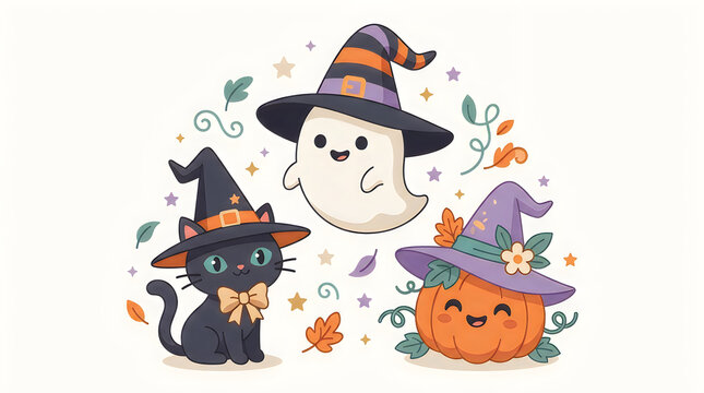 Cute halloween characters ghost cat and jack o lantern with witch hats