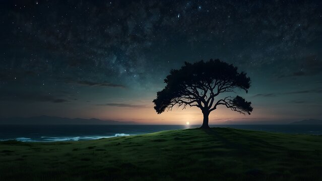 Lone tree on a grassy hill at night under a starry sky with ocean horizon view