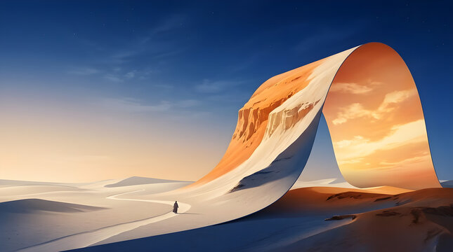 Surreal desert landscape with a bending horizon and golden sunset sky.