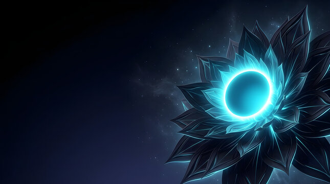 Abstract glowing blue flower with neon light petals and dark digital background