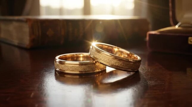Gold wedding rings on a wooden table