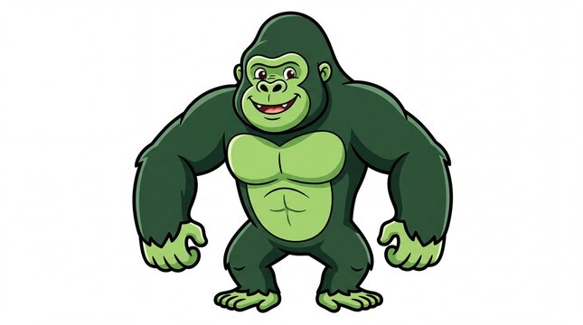 Friendly green cartoon gorilla posing with strong muscles and a happy face on white background
