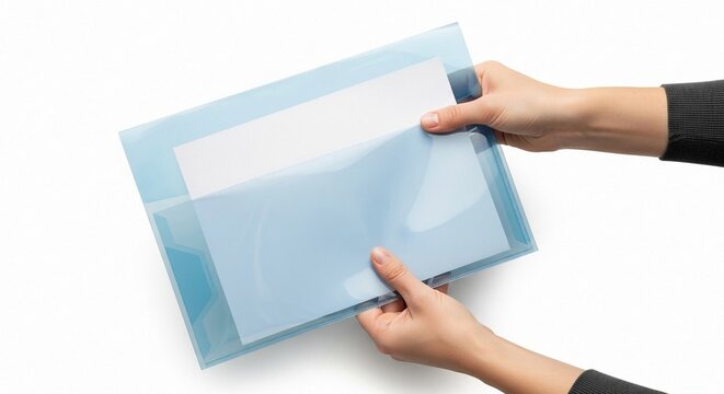 Hands inserting paper into a clear blue plastic document sleeve folder for organization