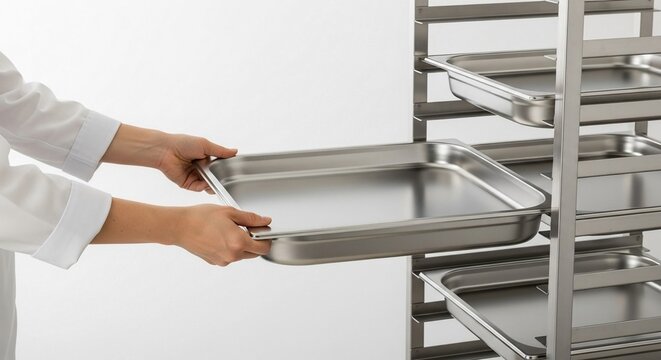 Hands placing a stainless steel catering food tray onto a multi-level rack in a commercial kitchen setting