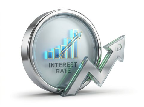 Interest Rate: Borrowing cost trend indicator with percentage gauge and upward financial arrow