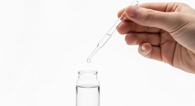 Laboratory analysis of potable water sample using a dropper and glass bottle for purity testing.
