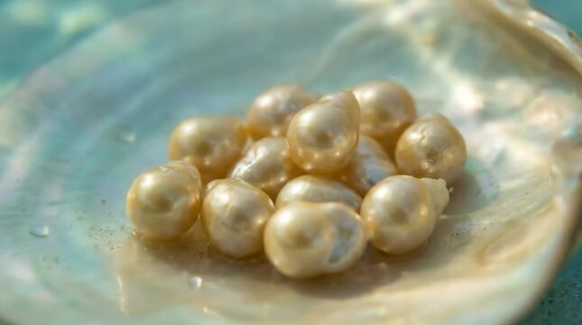 Golden pearls in iridescent seashell in water