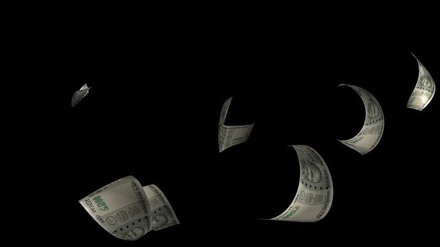 Rupee notes flying free on Black screen, flying money animation 4K