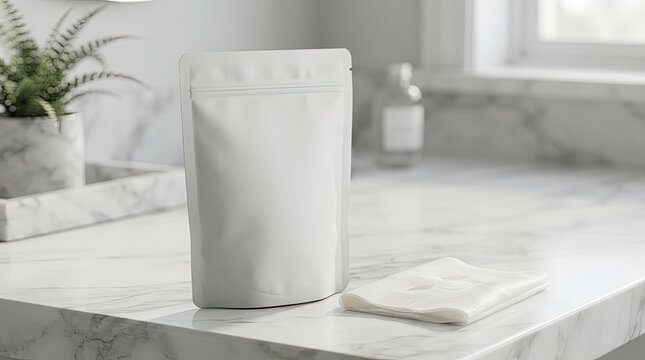 Blank pouch package on marble countertop with plant and cloth