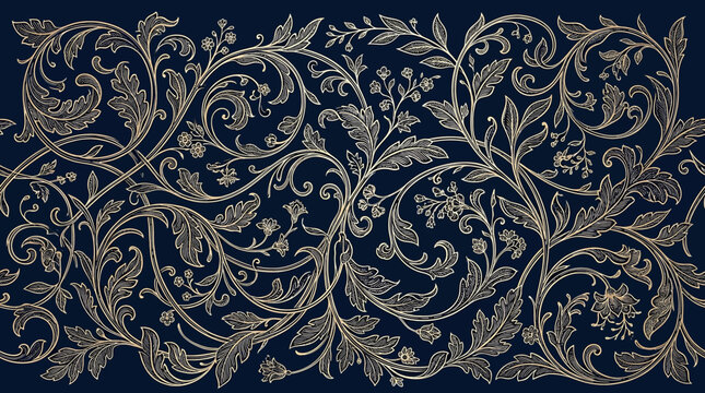 Seamless floral damask pattern with vintage acanthus leaves and swirls in gold line art on dark blue background