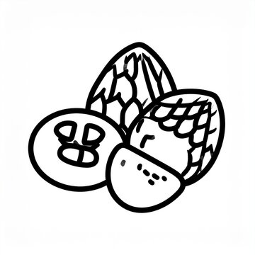 Black and white illustration of almonds and garlic cloves.