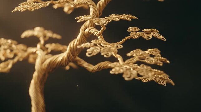 Golden twisted wire bonsai tree rotating