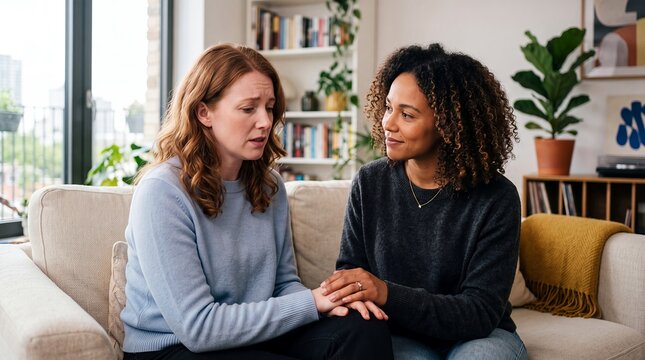 Women emotional support comfort counseling friendship sadness empathy home trust as one friend holds the hand of a distressed woman providing compassionate listening reassurance and hope during crisis