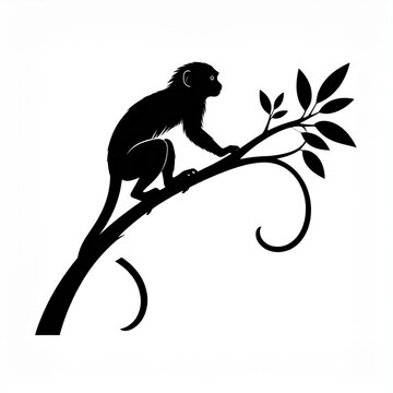 Silhouette of a monkey sitting on a curved tree branch.