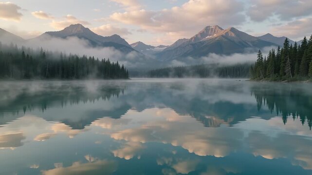 Turquoise lake mountains reflection landscape alpine mist wilderness serene travel The viewpoint glides above calm water mirroring peaks and evergreen shores for tourism relaxation and escape