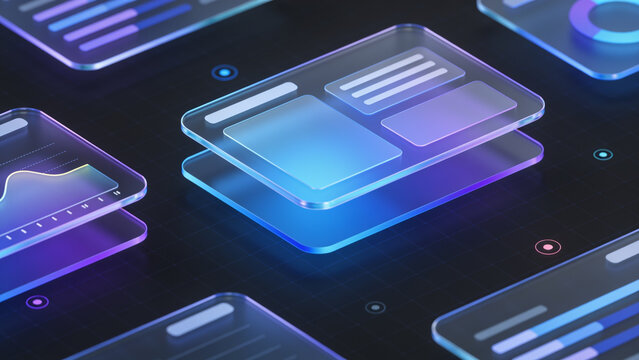 Futuristic holographic smartphone interfaces with glowing data charts on dark background