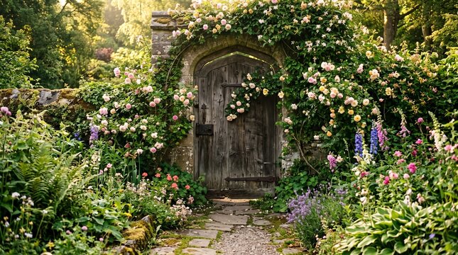 Enchanted garden gate with climbing roses, rustic wooden door in stone wall, secret cottage garden landscape