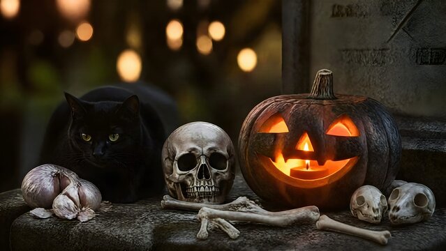 Halloween:  una zucca illuminata sulla tomba di un cimitero con teschio, ossa e pipistrelli