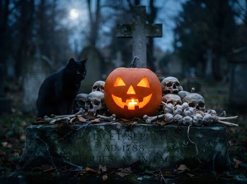 Halloween:  una zucca illuminata sulla tomba di un cimitero con teschio, ossa e pipistrelli