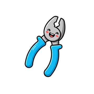 Cute cartoon pliers character with a happy smiling face and blue handles for construction jobs