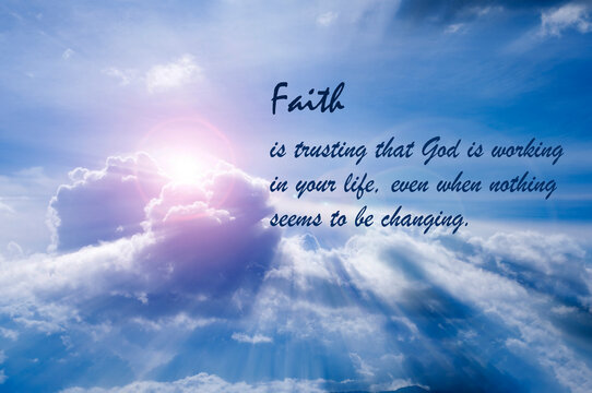 Faith themed image showing a calm sky background with inspirational words about trust, hope, and spiritual belief.