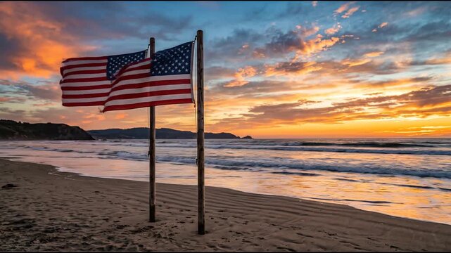 American flag waving on a wooden pole at the beach during sunset