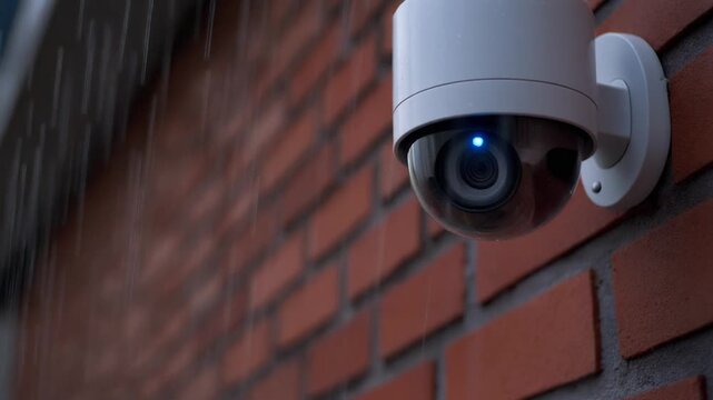 Close up of white outdoor smart security camera mounted on brick wall with glowing blue led during rain