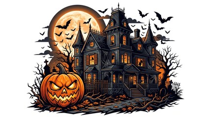 Fototapeta premium Spooky Haunted House with Evil Pumpkin Head and Flying Bats Isolated on White Background - Halloween Clipart