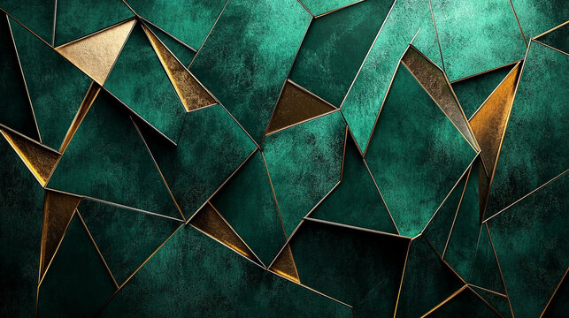  Dark green background with angeometric shapes, silver and soft light, low poly style. Black and gold color scheme, high resolution texture of rough titan material, 