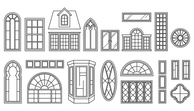 Architecture window frames thin line icon set featuring various classic gothic modern arched and bay window designs