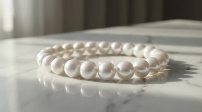 Pearl bracelet on white marble surface