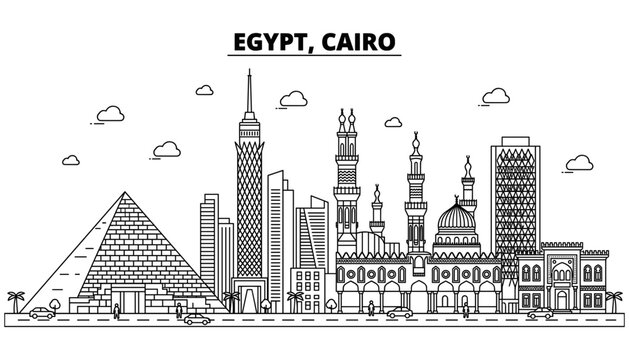 Cairo Egypt skyline outline vector illustration featuring city landmark pyramid cairo tower mosque and ancient architecture on white background